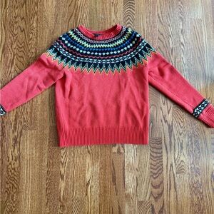 J. Crew Red and Black Crew Neck Sweater with Nordic Pattern